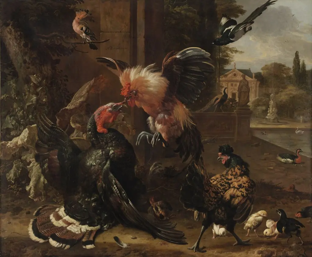A Rooster and Turkey Fighting, by Melchior d' Hondecoeter
