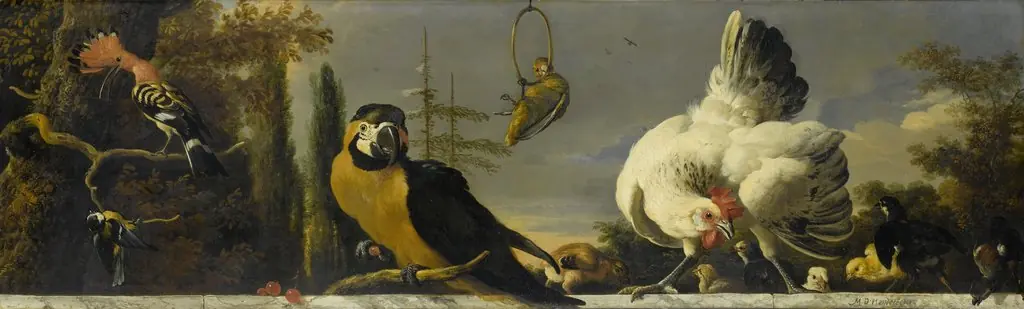 Birds on a balustrade, by Melchior d' Hondecoeter