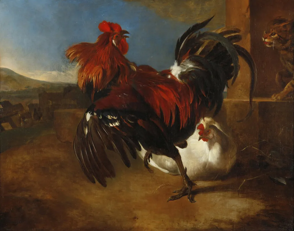 Poultry-yard with angered cock, by Melchior d' Hondecoeter, oil, 1658