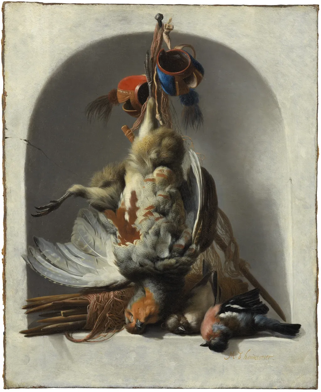 Still Life with Birds and Hunting Gear in a Niche, by Melchior d' Hondecoeter, oil, 1663