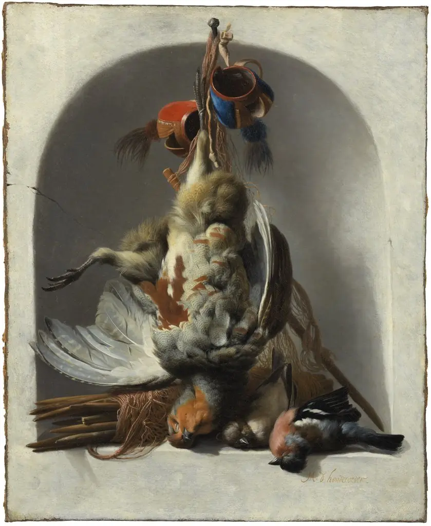 Still Life with Birds and Hunting Gear in a Niche, by Melchior d' Hondecoeter