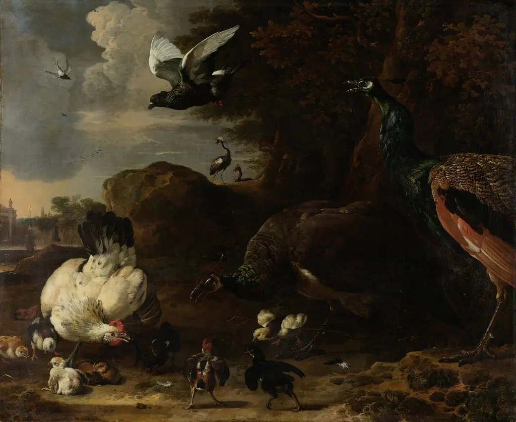 Two Peacocks Threatening a Hen with Chicks, Known as ‘The Threatened Hen’, by Melchior d' Hondecoeter