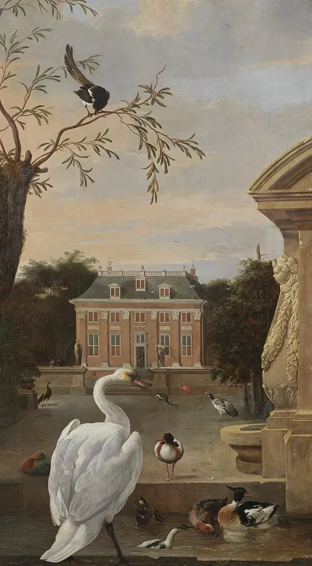 Vogelpark mit Ansicht des Landsitzes Driemond, by Melchior d' Hondecoeter, unspecified, 1675