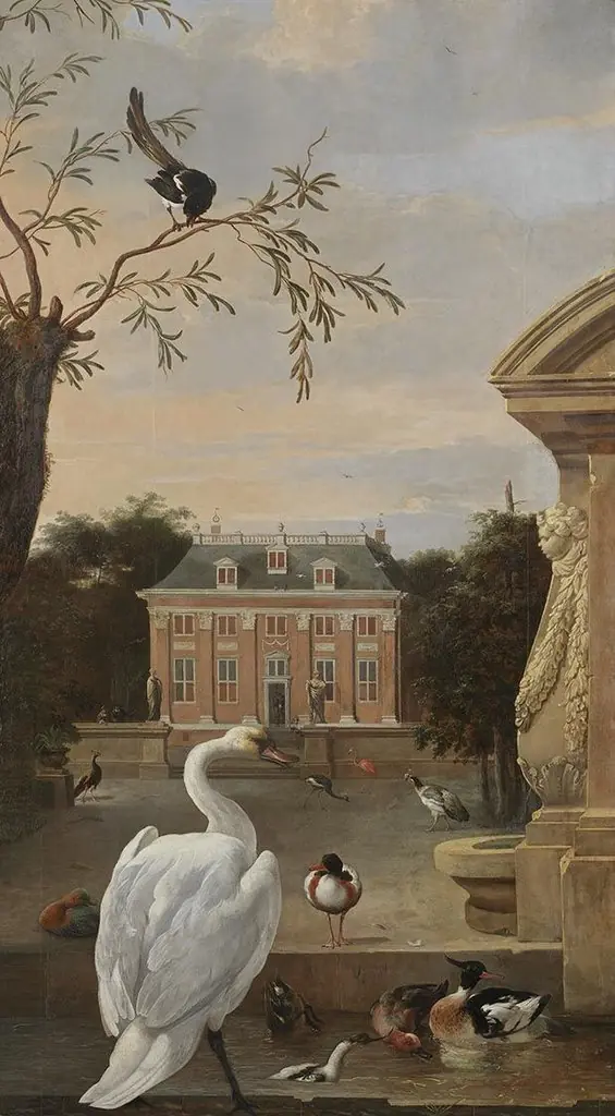 Vogelpark mit Ansicht des Landsitzes Driemond, by Melchior d' Hondecoeter