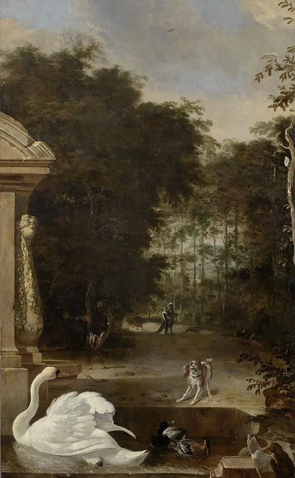 Vogelpark mit Schwan und Hund, by Melchior d' Hondecoeter, unspecified, 1675