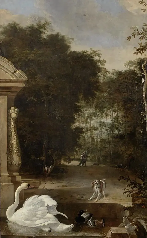 Vogelpark mit Schwan und Hund, by Melchior d' Hondecoeter