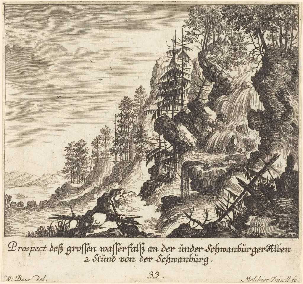 Large Waterfall, Schwanburg, by Melchior Küsel, ink, 1681