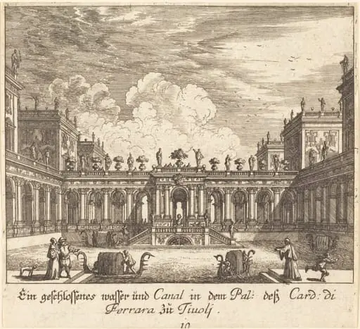 Palace and Canal, Cardinal di Ferrara, Tivoli, by Melchior Küsel