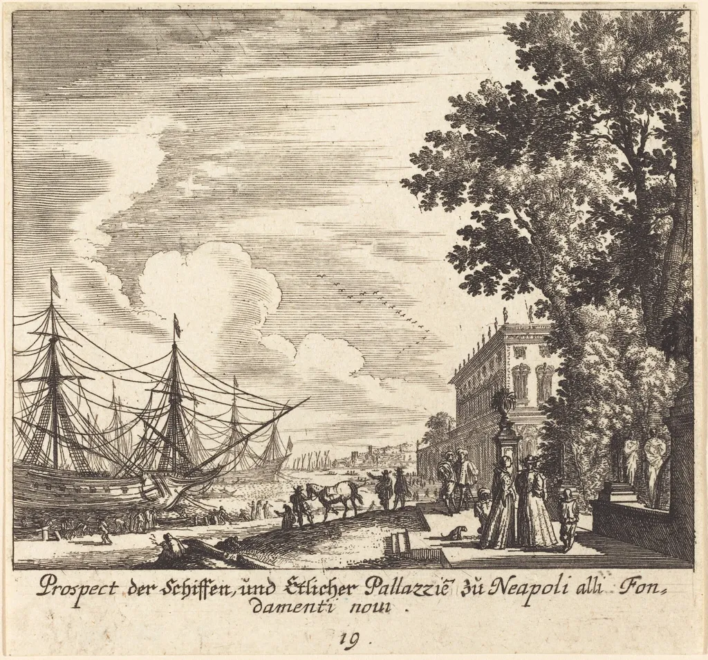 Ships, Fondamenti Novi, Naples, by Melchior Küsel, ink, 1681