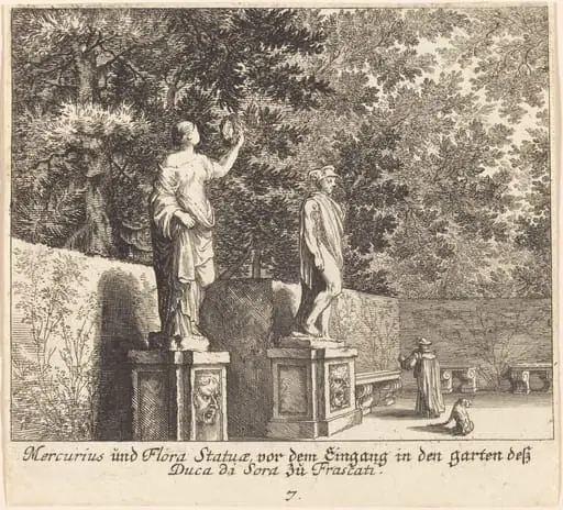 Statues of Mercury and Flora, Gardens of Dukedi Sora, Frascati, by Melchior Küsel