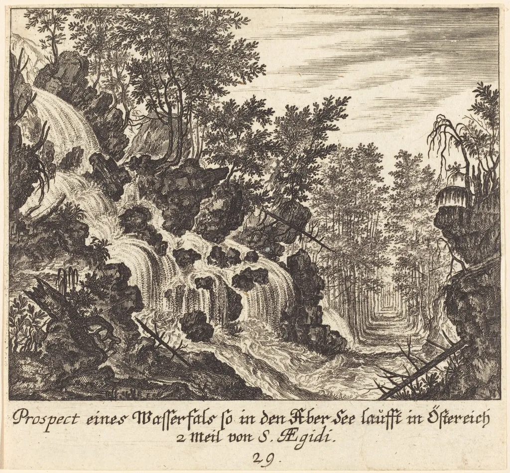 View of a Waterfall, Austria, by Melchior Küsel, ink, 1681