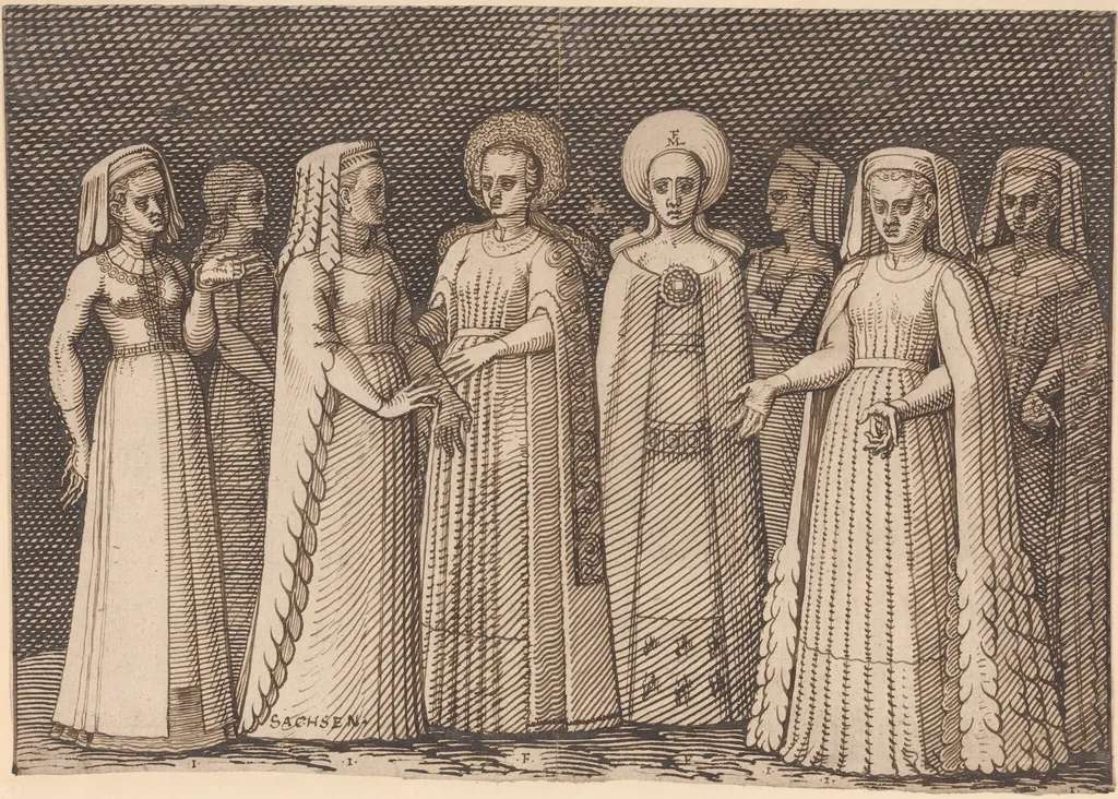 Eight Ladies in Ancient Costumes, by Melchior Lorch, ink, 1570