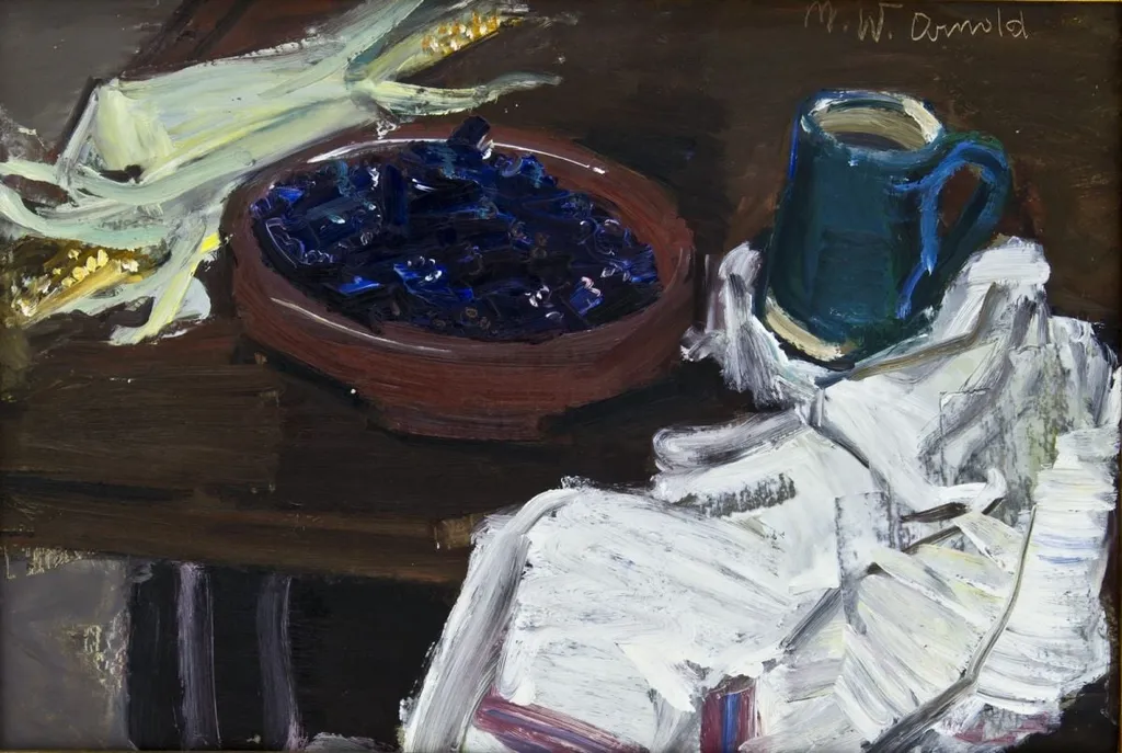 Natură moartă cu prune; verso: peisaj cu case, by Mendel Wechsler Arnold, 1935