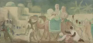 Menschen vor Stadt und zwei berittene Kamele, by Karl Walser