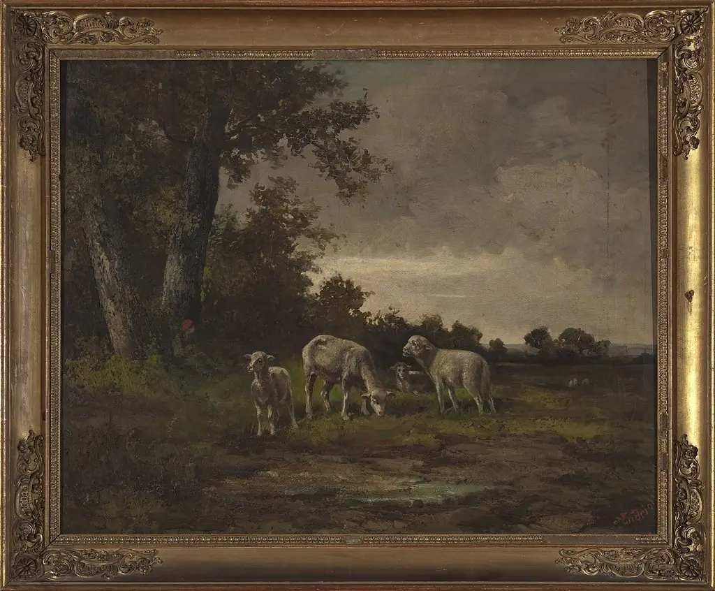 Sheep in the meadow at the forest edge, by Michał Elwiro Andriolli