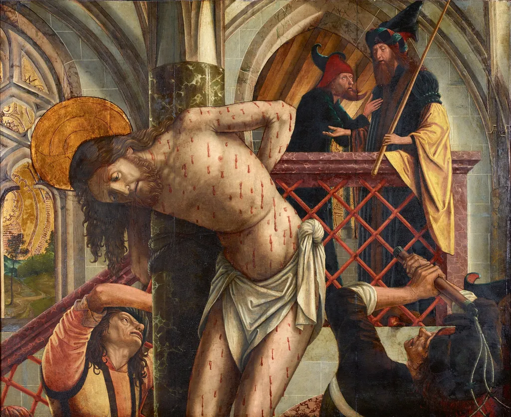 Flagellation of Christ, by Michael Pacher, oil, 1474