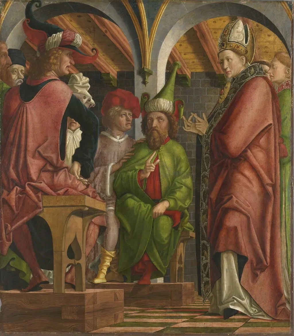 Kirchenväteraltar, Flügelaußenseite: Disputation des hl. Augustinus mit den Häretikern, by Michael Pacher, unspecified, 1490