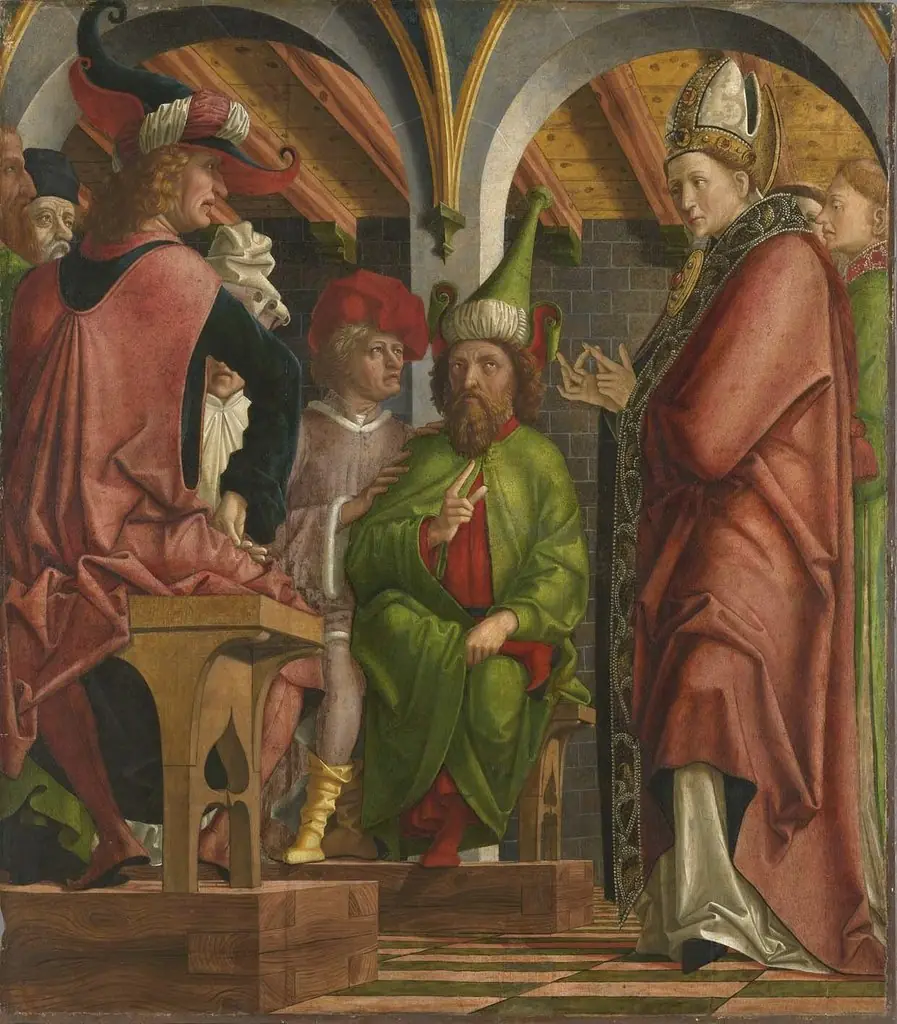 Kirchenväteraltar, Flügelaußenseite: Disputation des hl. Augustinus mit den Häretikern