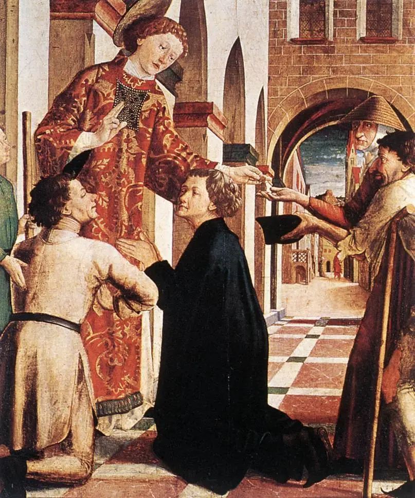 Laurentius-Altar: Almosenspende des hl. Laurentius, by Michael Pacher