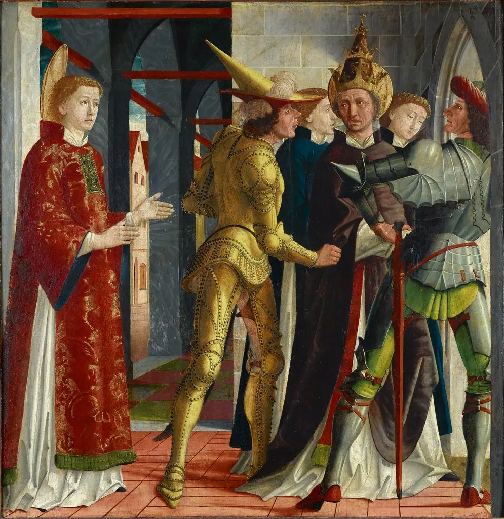 Pope Sixtus II. bids farewell to St. Lawrence, by Michael Pacher