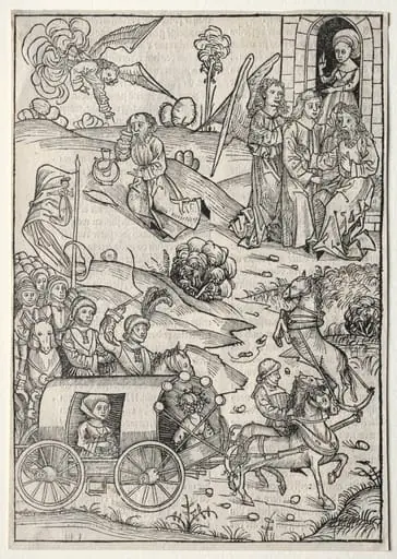 Der Schatzbehalter:  The Return of Tobias to Tobit; The Arrival of Tobias' Wife; The Angel Bringing Food and Drink to Elijah in the Desert, by Michael Wolgemut