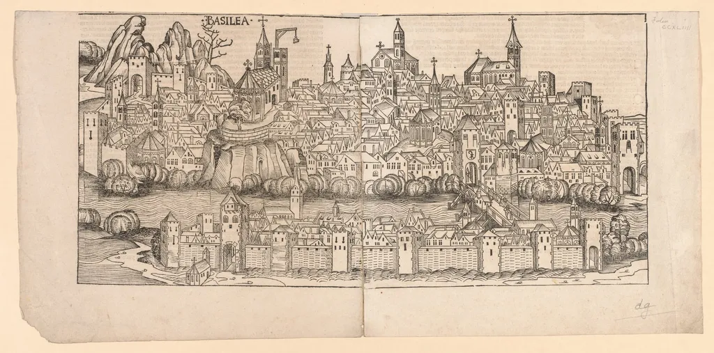 Nuremberg Chronicle: Topographical View of Basle, Switzerland, by Michael Wolgemut, 1493