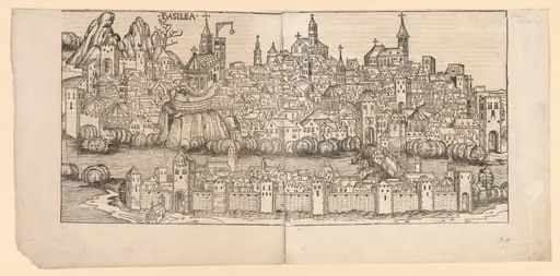 Nuremberg Chronicle:  Topographical View of Basle, Switzerland, by Michael Wolgemut
