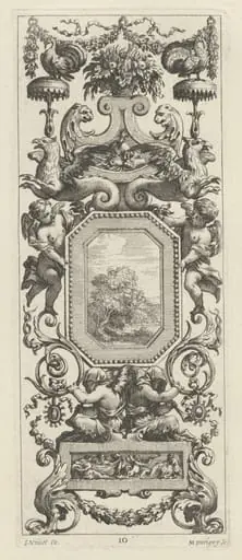 Ornamental Panel Surmounted by a Basket of Flowers and a Garland, by Michel Dorigny