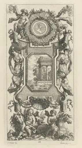 Ornamental Panel Surmounted by a Bust of a Woman and Two Putti with Flaming Trumpets, by Michel Dorigny