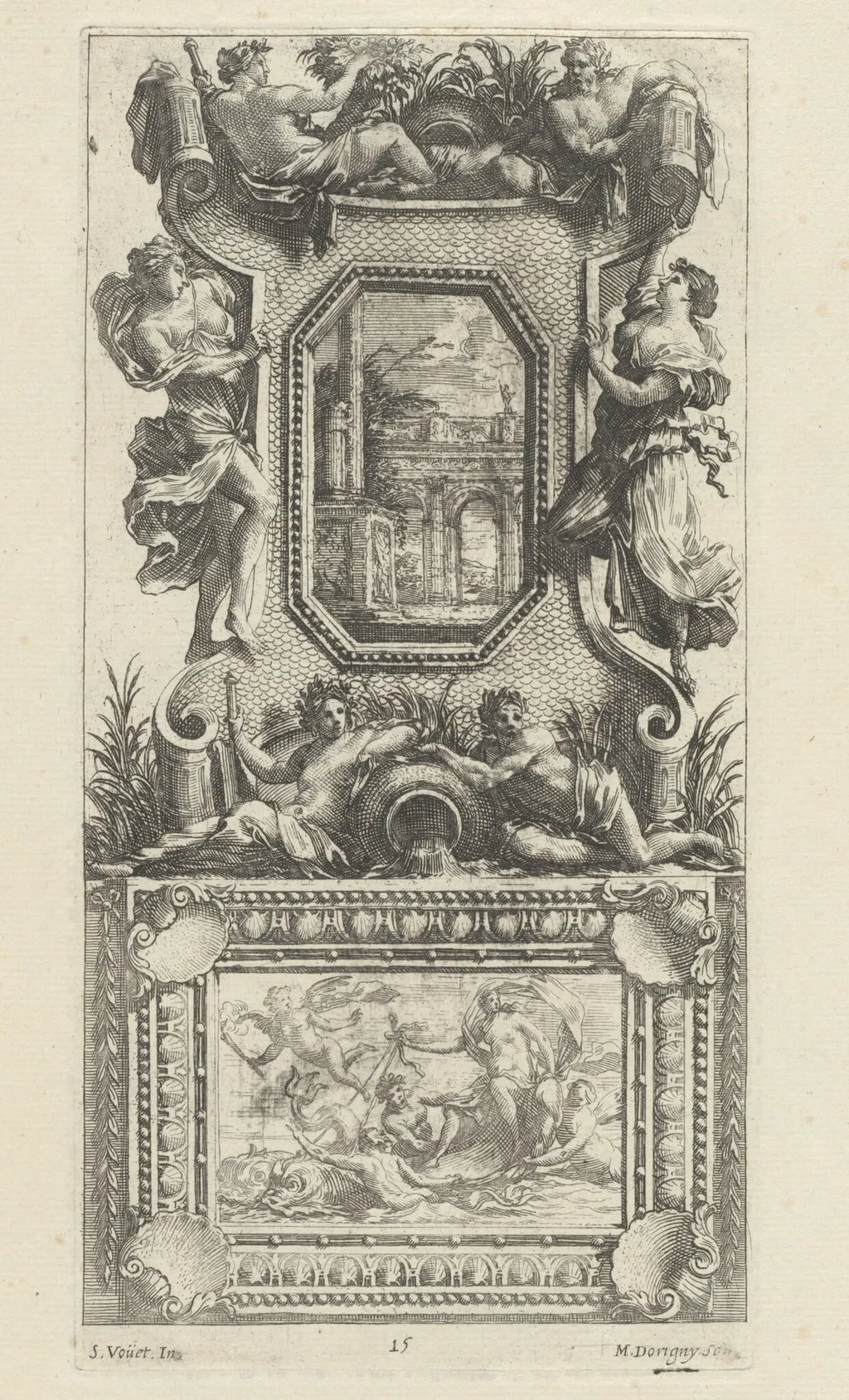 Ornamental Panel Surmounted by a Naiad and a River God, by Michel Dorigny, ink, 1647