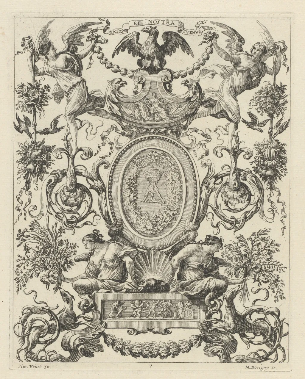 Ornamental Panel Surmounted by an Eagle and the Motto NATOS ET NOSTRA TUEMUR, by Michel Dorigny, ink, 1647