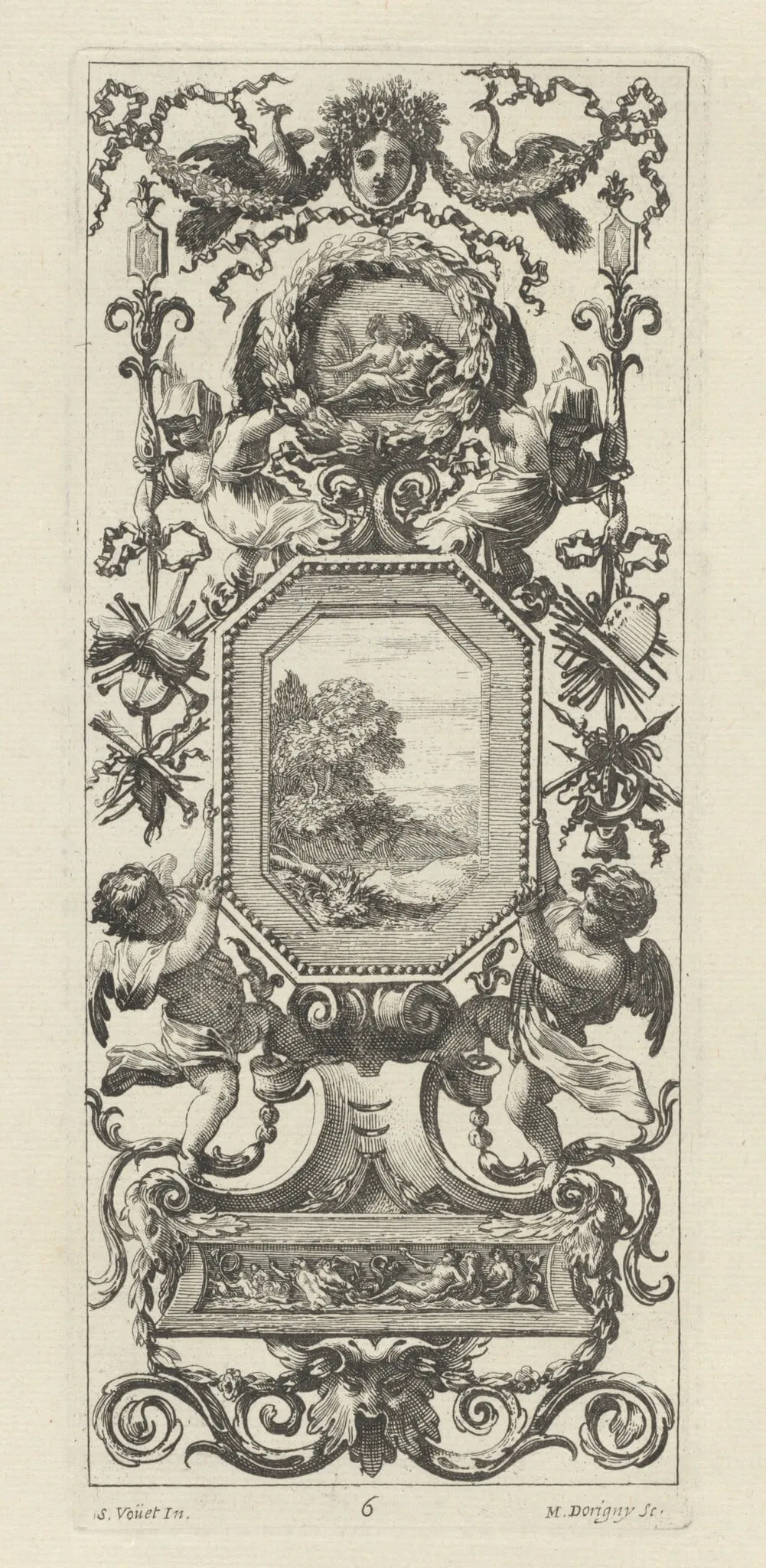 Ornamental Panel Surmounted by the Crowned Head of a Woman and Two Peacocks, by Michel Dorigny, ink, 1647