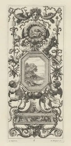 Ornamental Panel Surmounted by the Crowned Head of a Woman and Two Peacocks, by Michel Dorigny