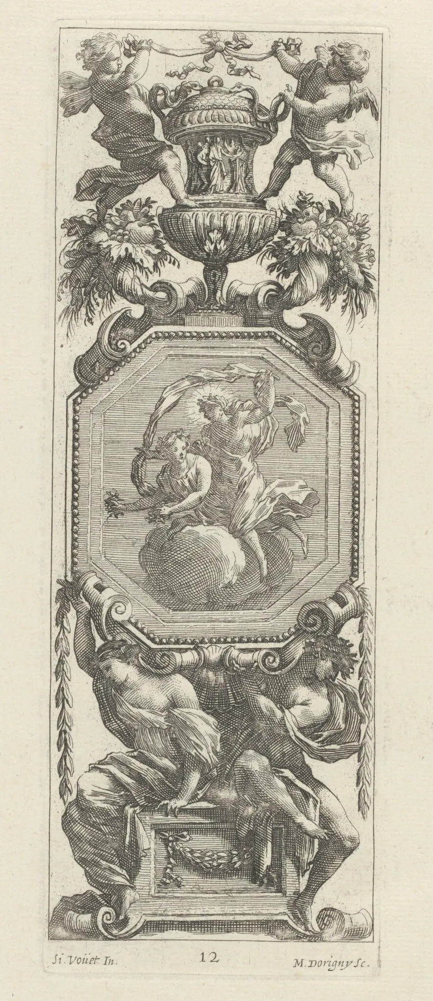 Ornamental Panel Surmounted by Two Putti and a Vase, by Michel Dorigny, ink, 1647