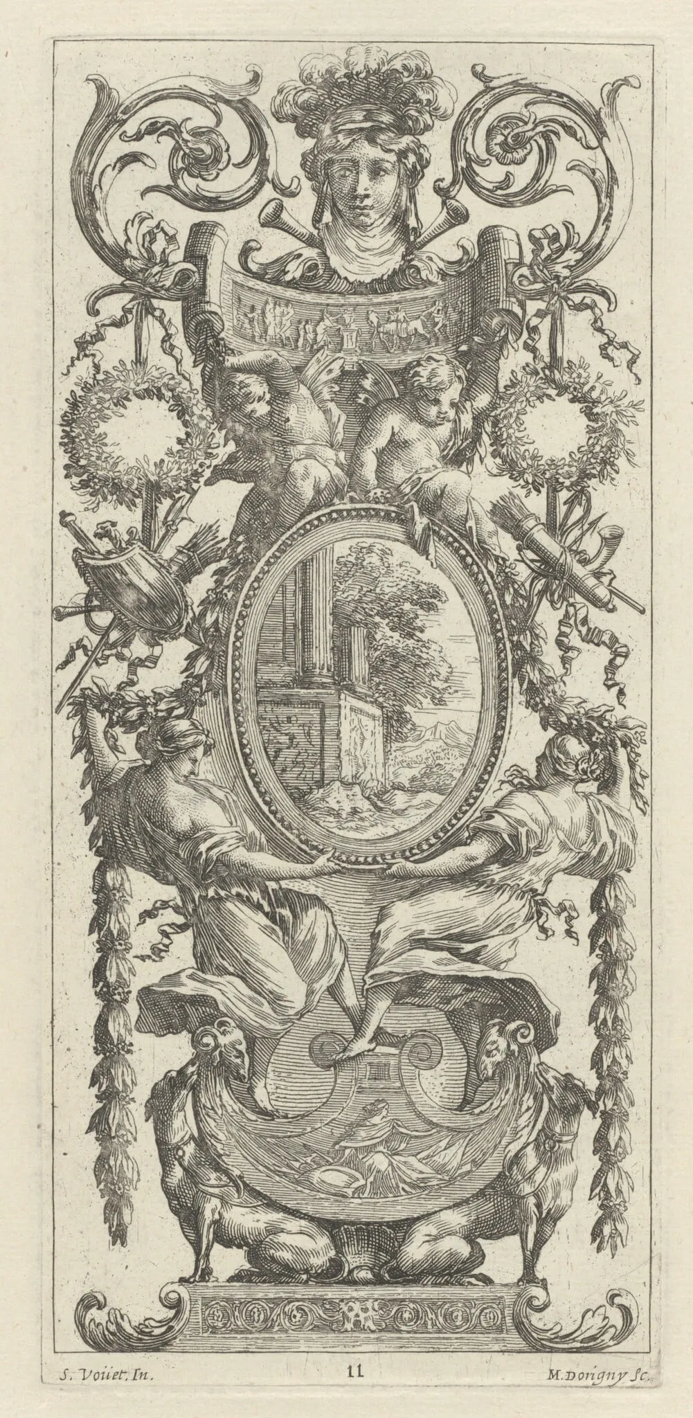 Ornamental Panel Surmounted with a Head Flanked by Foliage, by Michel Dorigny, ink, 1647