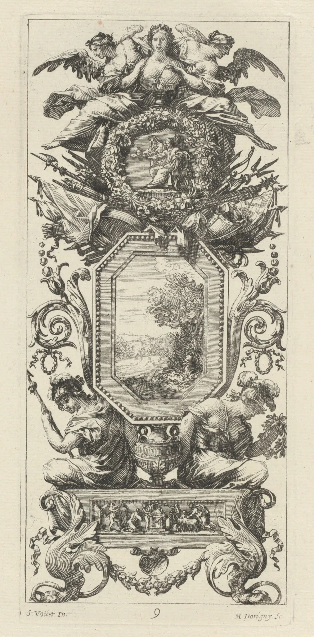 Ornamental Panel Surmounted with Two Figures Leaning on the Bust of a Woman, by Michel Dorigny, ink, 1647