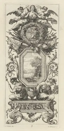 Ornamental Panel Surmounted with Two Figures Leaning on the Bust of a Woman, by Michel Dorigny