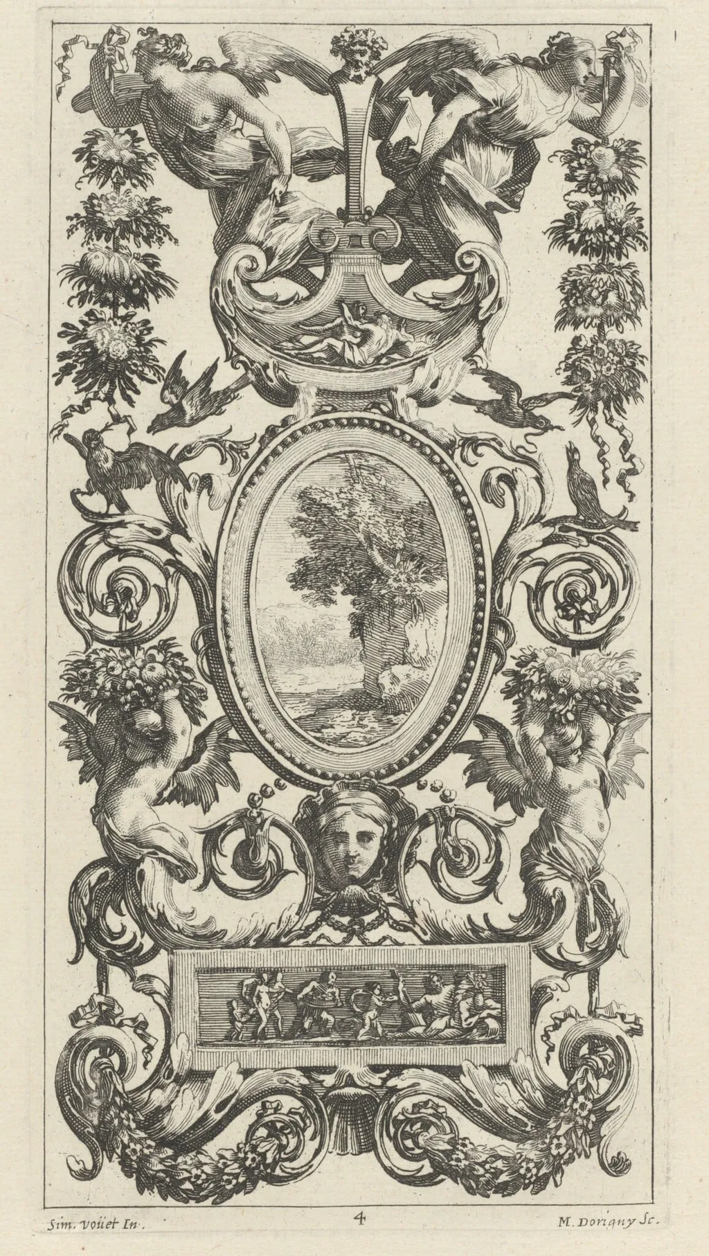 Ornamental Panel with Pan and Two Garland-Bearing Women, by Michel Dorigny, ink, 1647