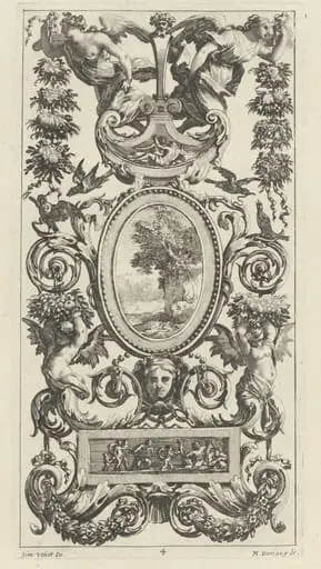 Ornamental Panel with Pan and Two Garland-Bearing Women, by Michel Dorigny