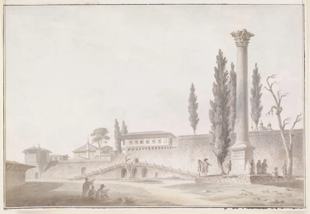 The Gardens of the Seraglio with European visitors inspecting the Column of the Goths, Constantinople, by Michel-François Préaulx, watercolor, 1810