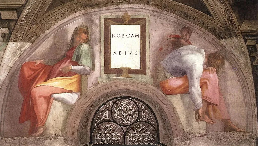 Sistine Chapel lunettes - Rehoboam, Abijah, by Michelangelo, fresco, 1511