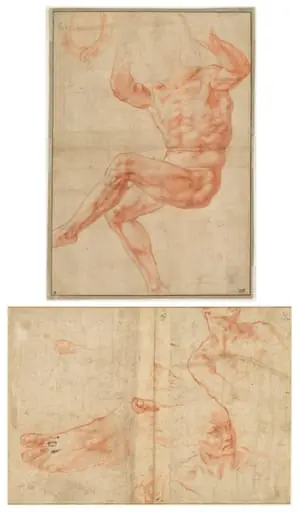 Study for the Nude Youth over the Prophet Daniel (recto); Figure Studies for the Sistine Ceiling (verso), by Michelangelo