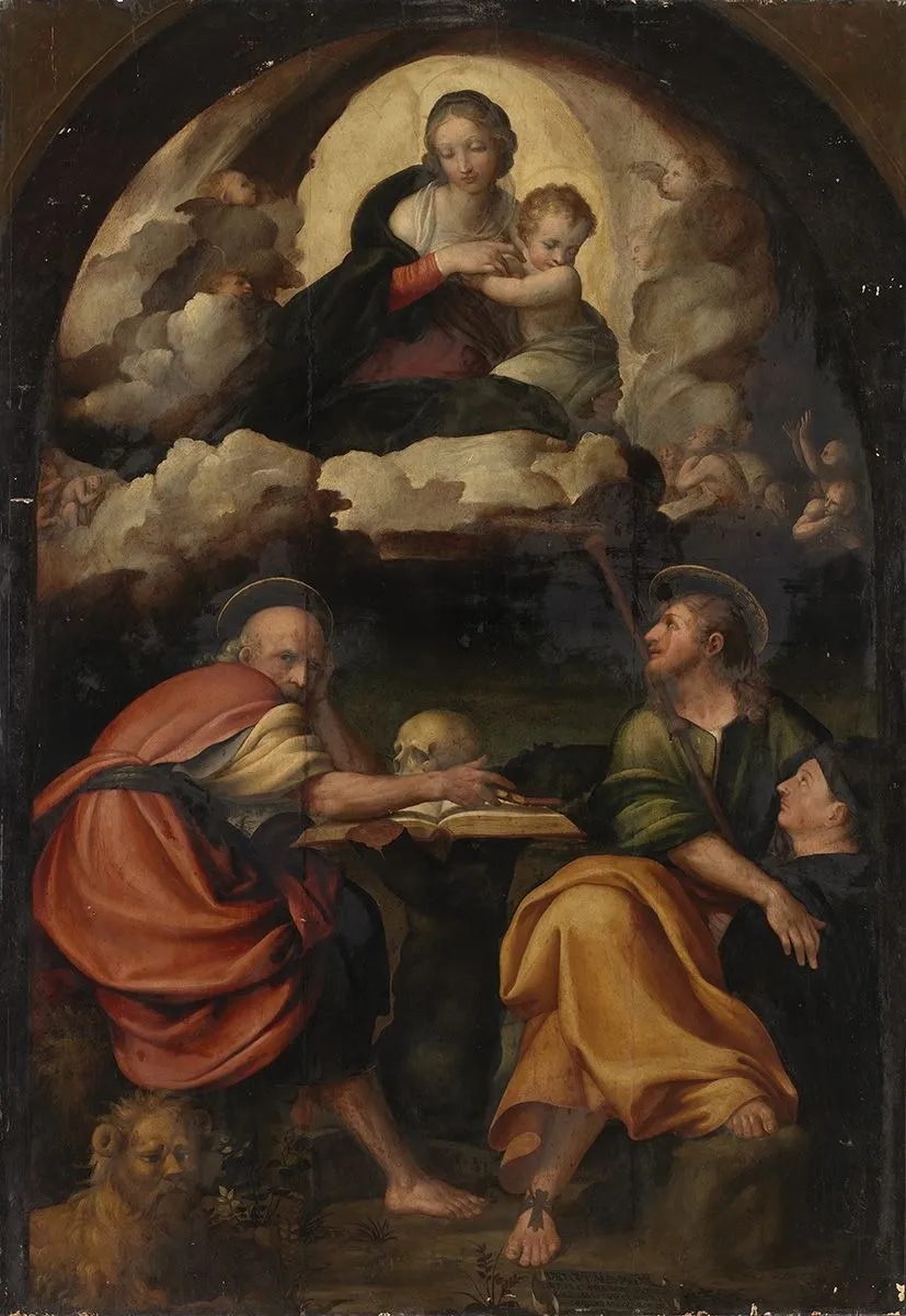 Maria mit Kind in der Glorie, den hll. Hieronymus und Jakobus mit Stifter (?), by Michelangelo Anselmi, unspecified, 1523