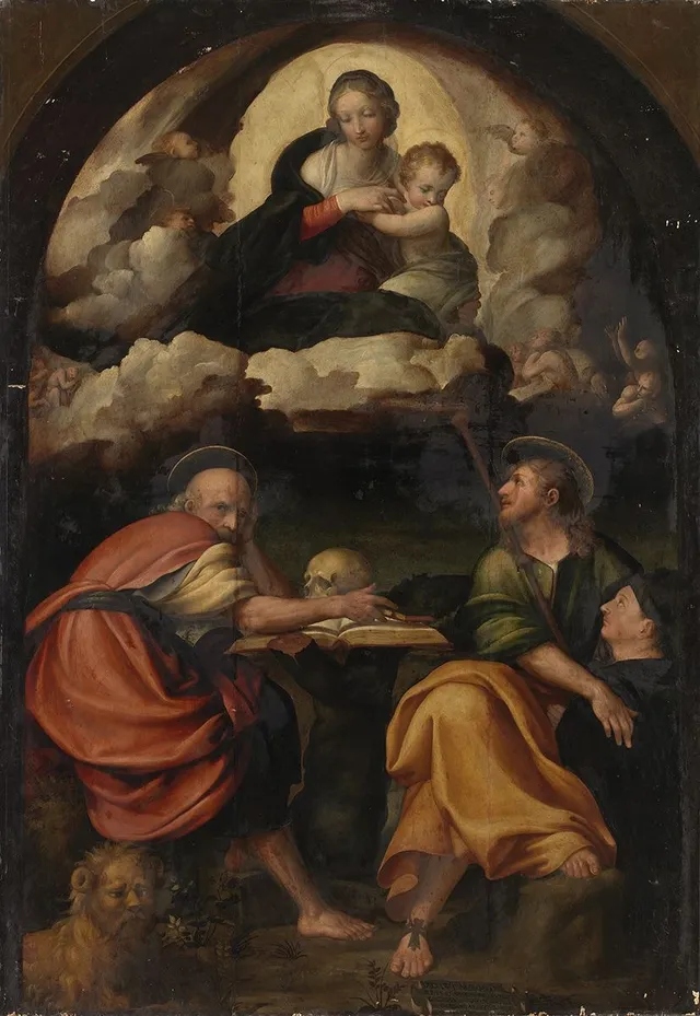 Maria mit Kind in der Glorie, den hll. Hieronymus und Jakobus mit Stifter (?)
