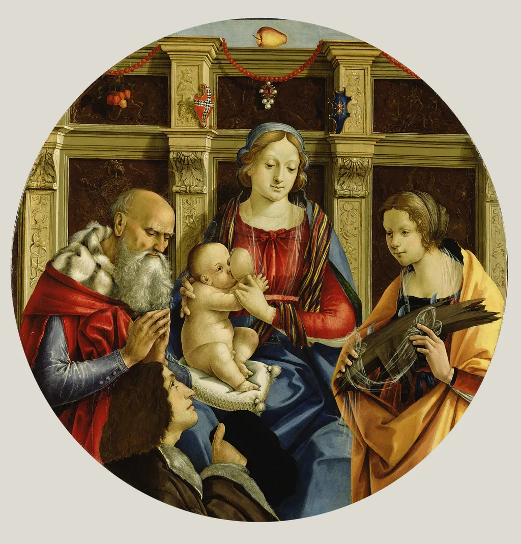 Madonna and Child with a Male Saint, Catherine of Alexandria and a Donor, by Michelangelo di Pietro, tempera, 1498