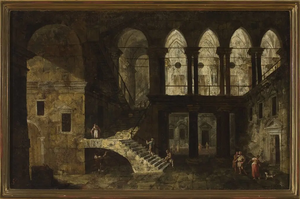 Architectural fantasy featuring a palace courtyard, by Michele Marieschi