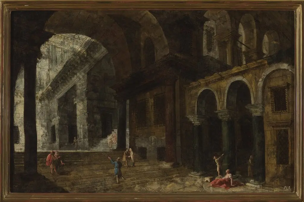 Architectural fantasy featuring a prison courtyard, by Michele Marieschi