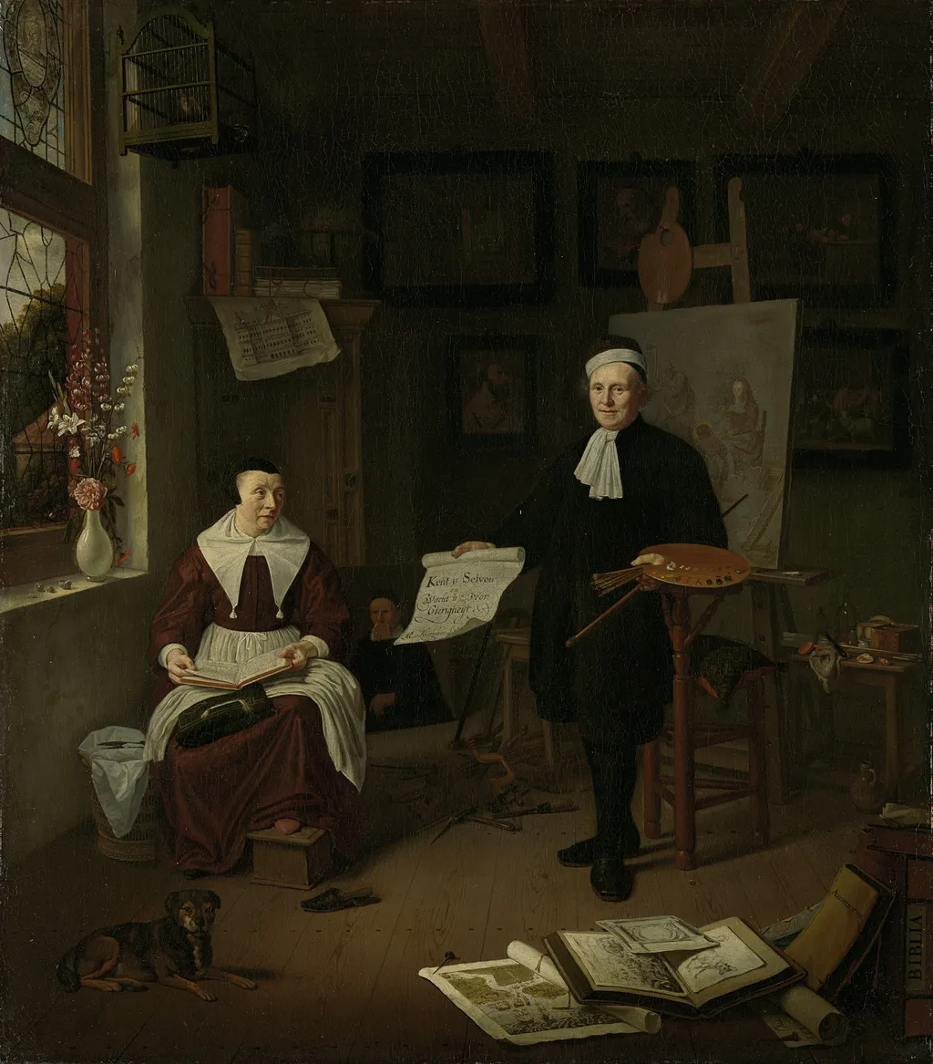 Portrait of Michiel Comans (d. 1687), calligrapher, etcher, painter and schoolmaster, with his third wife Elisabeth van der Mersche, by Michiel van Musscher, oil, 1669