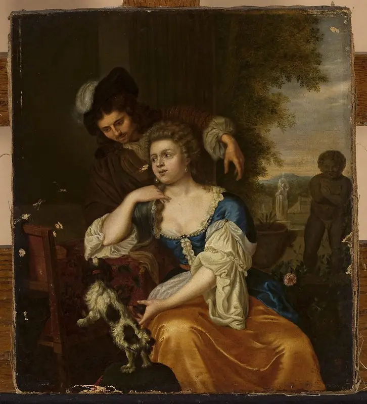 Young lady and a man at a table, by Michiel van Musscher