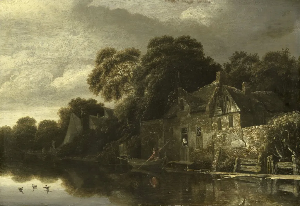 Old country cottage on the water, by Michiel van Vries, oil, 1656